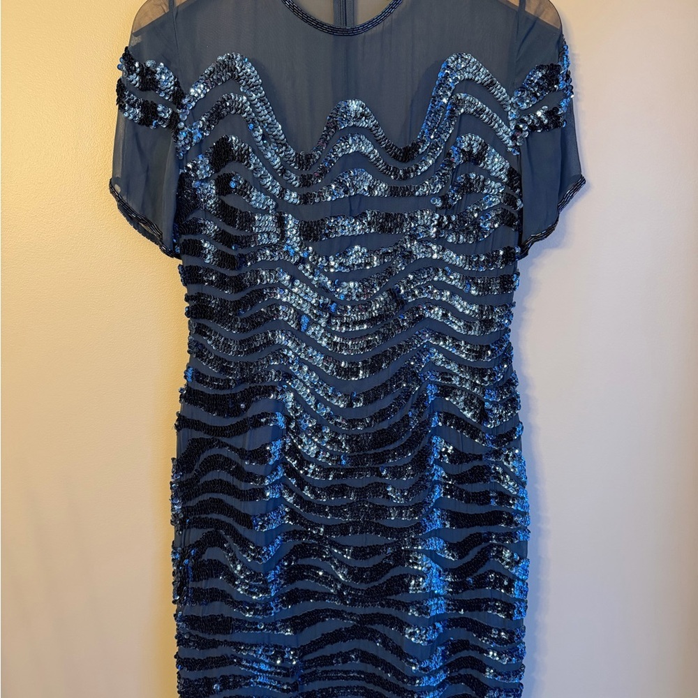 Custom Creations Silk Beaded Sequin Dress Navy Blue Cocktail Party Gatsby